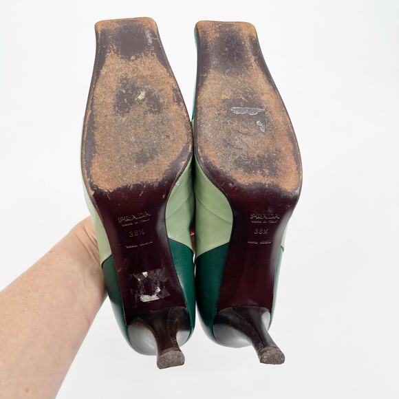 Vintage Prada Green Tricolor Colorblock Leather Square Toe Mid Heel Pumps 38.5 - Picture 9 of 11